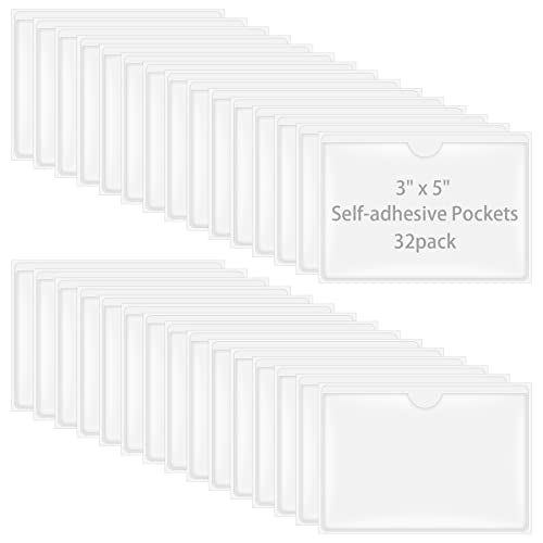 Antner 32 Pack Self-Adhesive Index Card Pockets for 3" x 5" Card, Clear Plastic Labels Holders Top Open for Loading Card Holder for Storage Bins, Library and Locker (3.74 x 5.3 Inches) - size: 3" x 5" - 32PCS