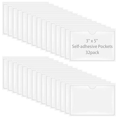 Antner 32 Pack Self-Adhesive Index Card Pockets for 3" x 5" Card, Clear Plastic Labels Holders Top Open for Loading Card Holder for Storage Bins, Library and Locker (3.74 x 5.3 Inches) - size: 3" x 5" - 32PCS