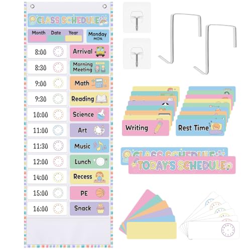 Funrous Daily Schedule Pocket Chart with 82 Cards, Linen Wall Hanging Organizer for Welcome Back to School Classroom Decorations Homeschool Visual Planner Routine Calendar(Pastel) - style: Pastel