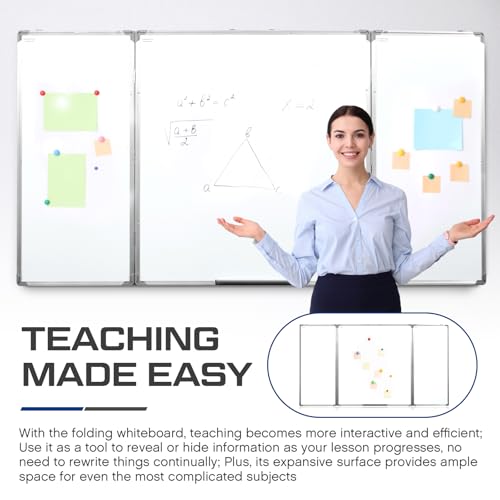 AmazingSpark 72” x 40” Foldable Whiteboard Dry Erase Board Large Tri Folding Whiteboard Magnetic Dry Erase Board, Wall Aluminium Frame and Pen Tray for Office, Home - size: 72"W x 40"H