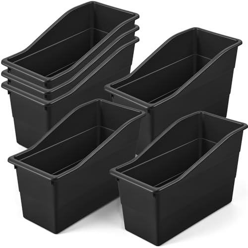 6 Pack Book Bins for Classroom Library, Storage Organizer Bins Holders, 11.4 x 5.5 x 7.4 Inch Durable Plastic Containers for School, Office, Kitchen & Home Organization (Black) - color: Black