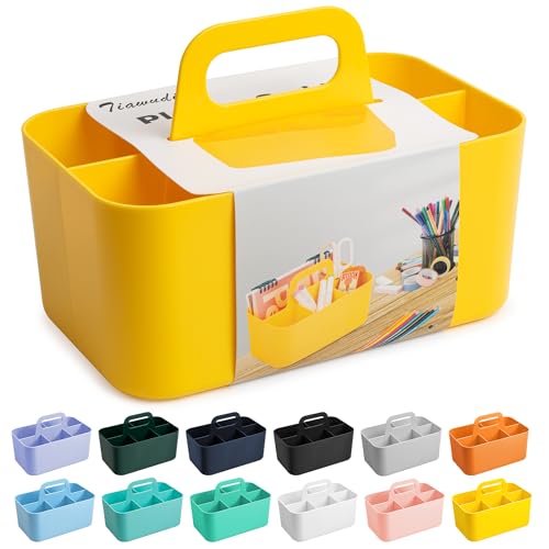 Tiawudi Multipurpose Caddy Organizer, Plastic Caddy with Handle, Stackable Desk Organizer for Stationery, Marker and Pencil, Office Supplies Organizer, Dorm Caddy - color: Yellow