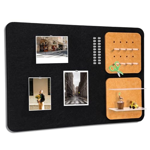 Wall Organizer Bulletin Board with Shelves and Key Holder, 2-in-1 Felt Pin Board for Photos, Notes, Keys and Small Accessories, Memo Board for Home Office Dorm, Black/Tan, 15.7"x23.6" - color: Black & Longan Yellow