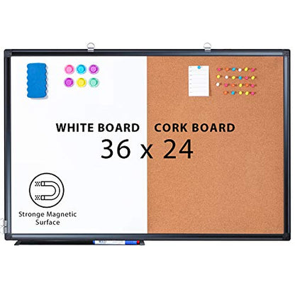 Magnetic White Board and Cork Board Combo, 36 X 24 inches Whiteboard Bulletin Combination Board, Wall Mounted Dry Erase Message Board for Home, School and Office, Black - size: 36 x 24 inch Black