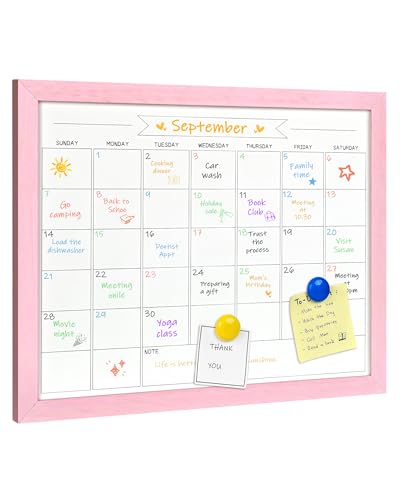 TORASO Dry Erase Monthly Calendar Board, Magnetic Whiteboard for Wall, Office/School/Home, Solid Wood Pink Frame Hanging Board 10.5"x 14.5"(YL-Pink-2737-B) - color: Pink, size: 15"W x 10.5"H
