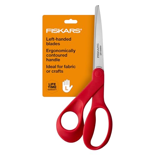 Fiskars Left-Handed Scissors, Precision Cutting for Craft Fabric Paper, Ergonomic Comfort Grip, Stainless Steel, 8", Red - style: Left-Handed