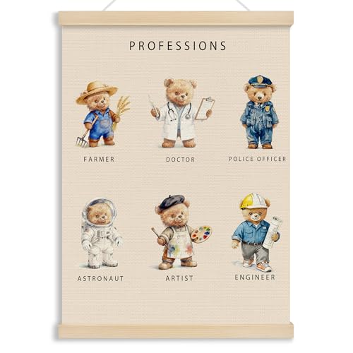 MOTERMATE Bear Professions Poster Hanger Frame, Bear Nursery Wall Hanging Decor Art Framed for Toddler Kids Boys Room Bedroom Playroom Classroom, Kids Room Wall Poster Prints, 12x16 Inch - color: Professions