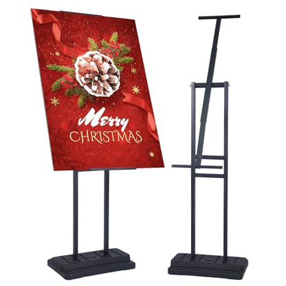 Upgraded Angled & 360° Swivel Poster Stand, Water-Fillable Weighted Base, Heavy Duty Adjustable Height Floor Sign Holder for Foam Board, Outdoor, Wedding, Business Display (Single-Sided, Black)