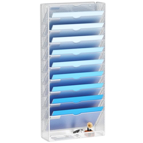 Hanging Wall File Organizer 10 Tier Wall Mounted File Holder Document Wall Organizer Magazine Organization for Office Home, Silver - color: Silver, size: 10 Tier
