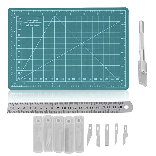 Fabric Cutting Mat, A5 15x22cm Plastic Mat with Steel Ruler and 25 Blades, for Cutting Wood Cardboard Paper Plastic Cloth Leather Foam Board