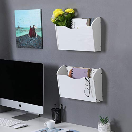 PAG Wall File Holder Wall Mounted Wood Hanging File Organizer for Office, 2 Pockets, White - color: White