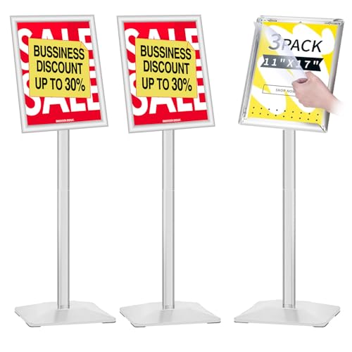 3Packs Heavy Duty Adjustable Pedestal Poster Sign Stand, 11x17 Aluminum Open Floor Standing Sign Holder for Vertical and Horizontal View Display, Silver