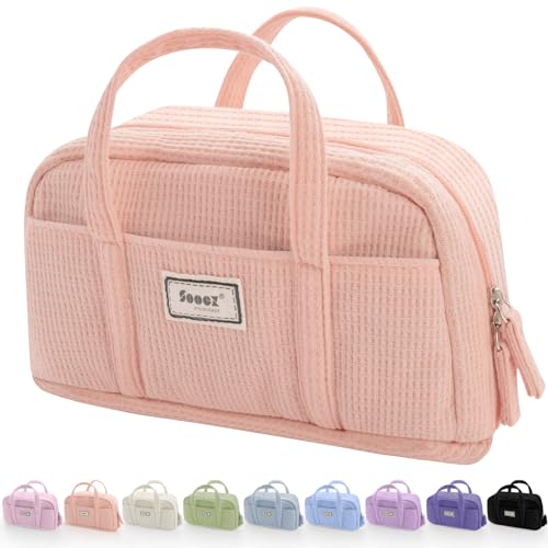 Sooez Large Pencil Case Pouch, Extra Big Pencil Bag with 5 Compartments, Pen Bag Wide Opening, Soft Waffle Pencil Pouch Organizer with Zipper, Cute Aesthetic School Supplies for Girls-Pinkish Orange - color: Pinkish Orange
