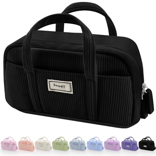 Sooez Large Pencil Case Pouch, Extra Big Pencil Bag with 5 Compartments, Pen Bag Wide Opening, Soft Corduroy Pencil Pouch Organizer with Zipper, Cute Aesthetic School Supplies for Teen Girls-Black - color: Black