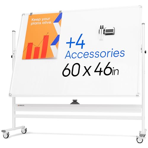 Rolling Dry Erase Board 60 x 46 - Large Portable Magnetic Whiteboard with Stand - Double Sided Easel Style Whiteboard with Wheels - Mobile Standing White Board for Office, Classroom & Home - color: Pearl White, size: 60x46