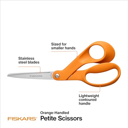 Fiskars Petite Original Orange-Handled Scissors, Crafting and Sewing Stainless Steel Scissors for Smaller Hands, Ergonomic Handle, Paper and Fabric Supplies for Office, Arts, and Crafts - style: Petite Orange-Handled