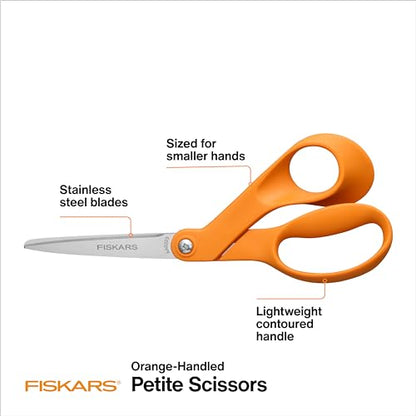 Fiskars Petite Original Orange-Handled Scissors, Crafting and Sewing Stainless Steel Scissors for Smaller Hands, Ergonomic Handle, Paper and Fabric Supplies for Office, Arts, and Crafts - style: Petite Orange-Handled