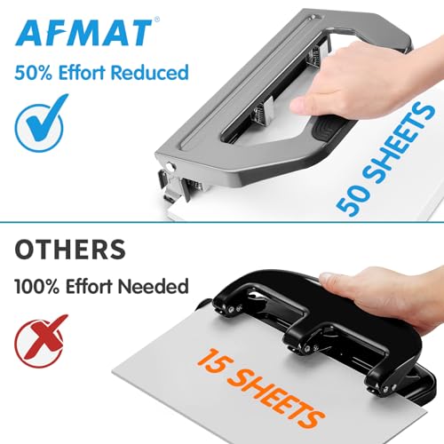 AFMAT 3 Hole Punch Heavy Duty, 9/32" Holes, 50-Sheet Hole Puncher 3 Ring, 50% Reduced Effort, Adjustable Two & Three Hole Punch, Metal Paper Puncher w/Large Chip Tray, Metal Paper Guide, Gray, HP18 - color: Gray