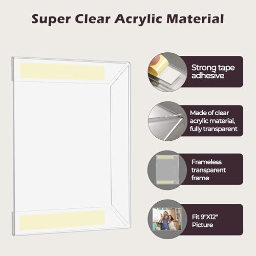 9 x 12 Acrylic Picture Frame, Horizontal/Vertical Clear Photo Frame for Wall with Tape, No Drilling Floating Hanging Frameless Picture Frame, Wall Mount Sign Holder for Home, School, Office - size: 1 Pack 9 x 12 Inches