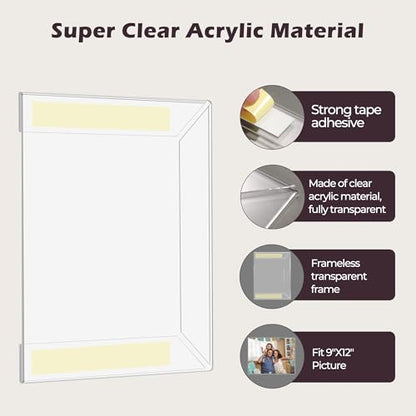 9 x 12 Acrylic Picture Frame, Horizontal/Vertical Clear Photo Frame for Wall with Tape, No Drilling Floating Hanging Frameless Picture Frame, Wall Mount Sign Holder for Home, School, Office - size: 1 Pack 9 x 12 Inches