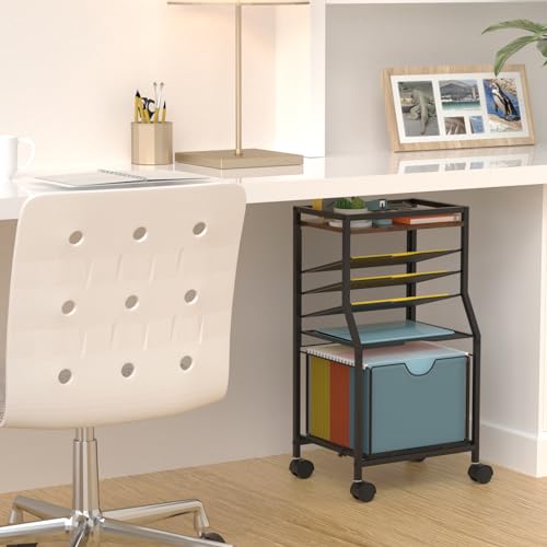 BOHDK Rolling File Cart, 6-Tier Desk File Organizer on Lockable Wheels, Brown Wood Planks & Mesh Sliding Hanging Folder Drawer, Organization Cart for Office Home School - color: Brown
