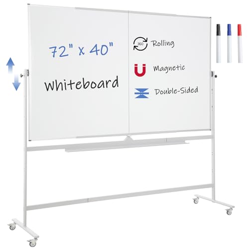 FORTUNO Large Magnetic Mobile Whiteboard 72"x40", Rolling Double Sided Stand Whiteboard on Wheels, Reversible Adjustable Height/Angle Dry Erase Board Easel White Board for Office Classroom - color: White, size: 72"W x 40"H