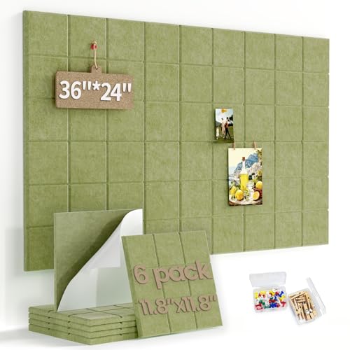 Large Felt Bulletin Board for Walls: 6-Pack Black Cork Board Alternative 11.8x11.8 Inch Peel and Stick Pin Board Wall Decor for Home Organization, Office Memo Board, Self-Adhesive Wall Tiles - color: Olive Green, size: 6 Pack