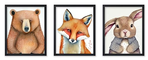 Poster Master 3-Piece Woodland Critters Poster - Baby Animals Print - Fox Art - Bear Art - Rabbit Art - Gift for Boys & Girls - Chic Decor for Bedroom, Kid's Room or Nursery - 8x10 UNFRAMED Wall Art - color: Style-14, size: 8"L x 10"W