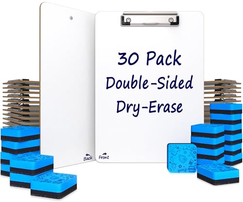 SCRIBBLEDO Dry Erase Clipboard Double Sided 9x12 with Erasers 30 Pack | 30 Clipboards And 30 Erasers Included, Double Sided Hardboard Build, Reinforced Clip, Wipes Clean No Ghosting, Ready To Use