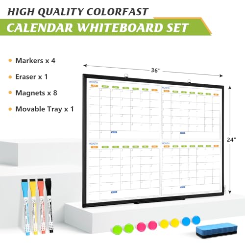 36" x 24" Magnetic Dry Erase Calendar Whiteboard, 4 Month Calendar White Board Planner, Black Aluminum Frame Wall Mounted Board for Office Home and School - color: Black Frame, size: 36"W x 24"H - 4 Month Calendar