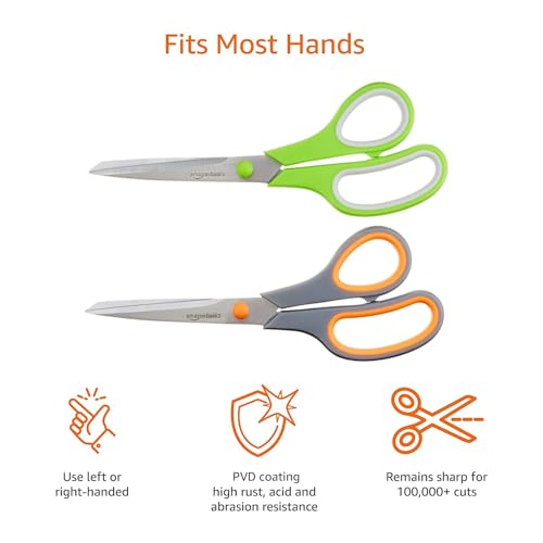 Amazon Basics Multipurpose Stainless Steel Scissors for Office, Crafts, Paper Cutting, Fabric Cutting, Right/Left Handed, Comfort Grip, PVD Coated, 2-Pack, Green and Grey - size: 2-Pack