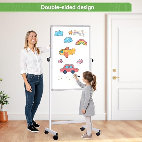 Rolling Whiteboard on Wheels, 32x48 Inches Double-Sided Magnetic Dry Erase Board with Stand, Height Adjustable Mobile White Board Easel for Classroom Home Office - style: White