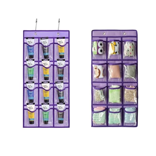 2 Pcs Classroom Pocket Chart Cell Phone Organizer Calculator Holder Over The Door Hanging Storage for Sock Underwear Jewelry with 12 Clear Pockets (Purple) - color: Purple