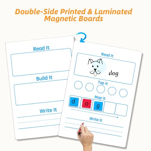 CVC Magnetic Letter Tiles and Spelling Writing Boards Set | 216 ABC Magnets, 6 Magnetic Letter Boards for CVC Literacy Spelling Reading Word Building Phonemic Awareness Practice