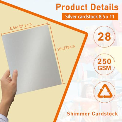 Guakicae 28 Sheets Silver Shimmer Cardstock 8.5 x 11 Craft Paper, 92lb Premium Glossy Grey Paper Card Stock for Wedding, Scrapbooking, Business Cards, Making Cards, Menus - color: Silver, size: 28 Sheets