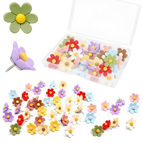 Flower Push Pins - 50 Pcs Decorative Floral Thumb Tacks with Storage Box, 10 Colors Cute Pushpins for Cork Board Bulletin Board Photo Wall Map Girls Bedroom Office