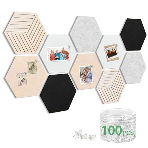 Hexagon Cork Board Tiles for Walls 10 Pack Bulletin Boards with 100 Push Pins, Pin Board for Office Home Notes Photos Memo DIY Classroom Decor (Minimalist)