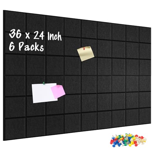 DOLLAR BOSS Felt Cork Board Tiles 6 Pcs 12"x12" Bulletin Board, Black Grid | 1/2" Thick, Self Adhesive, Acoustic Soundproof Panels for Walls, Includes 60 Pushpins, For Home Office Kitchen School - color: Black Grid, size: 6 PCS