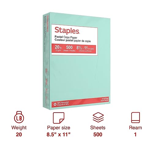 Staples Pastel Color Copy Paper, 20 lbs., 8.5" x 11", Turquoise, 500 Sheets/Ream - style: Turquoise