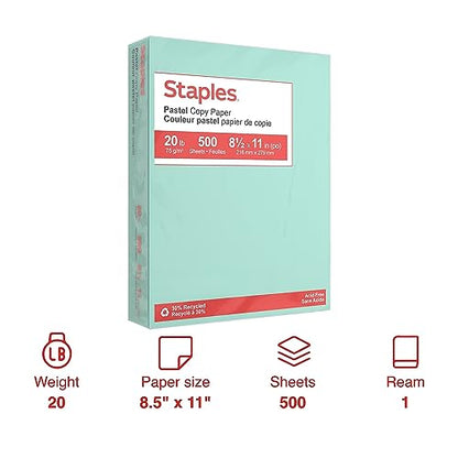 Staples Pastel Color Copy Paper, 20 lbs., 8.5" x 11", Turquoise, 500 Sheets/Ream - style: Turquoise