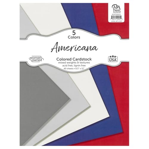 Accent Design Paper Accents Variety Pack, Americana Cardstock Pack, 40 Sheets, 5 Coordinating Colors, Mixed Weights and Textures, Scrapbooking Cards and Crafts, 8.5x11 Inch - color: Americana