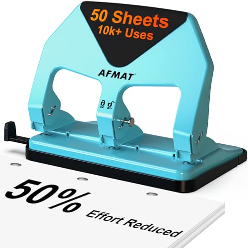 AFMAT 3 Hole Punch Heavy Duty, 50-Sheet Three Hole Punch, 50% Reduced Effort, 10,000+ Uses, 9/32" Holes, S.S. Paper Guide, 3 Hole Puncher for Binder, Metal Hole Puncher for Home Office School HP20 - color: Cyan