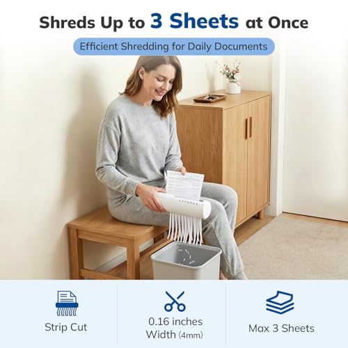 Mini Paper Shredder, Portable Paper Shredder for Home, 3-Sheet Strip Cut 4mm, Compact Paper Shredder with Forward & Reverse and Overheat Protection, Small Shredder for Desk and Home Office (L, White) - size: White