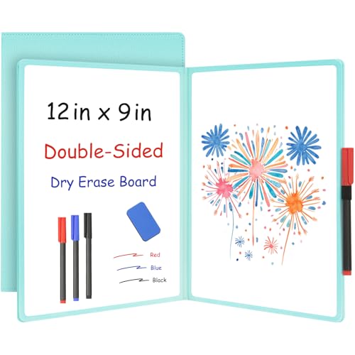 WALGLASS Double-Sided Small White Board Dry Erase, 12'' x 9'' Portable Reusable Whiteboard Notebook, Foldable Mini Handheld Board for Students Practice, Home, School, Office, Travel - Blue PU Leather - color: Blue
