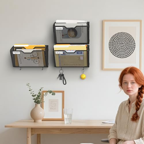 Docnest 2 Tier Mesh Wall File Holders with Hooks – 3 Pack Hanging Letter Holder - Document Organizer for Mail, Paper, Office, Home, School – Space-Saving Wall Mounted Folder Holder – Black - color: 2 Tier-Black-3 Pack
