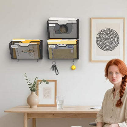 Docnest 2 Tier Mesh Wall File Holders with Hooks – 3 Pack Hanging Letter Holder - Document Organizer for Mail, Paper, Office, Home, School – Space-Saving Wall Mounted Folder Holder – Black - color: 2 Tier-Black-3 Pack