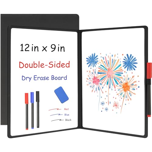 WALGLASS Double-Sided Small White Board Dry Erase, 12'' x 9'' Portable Reusable Whiteboard Notebook, Foldable Mini Handheld Board for Student Practice, Home, School, Office, Travel - Black PU Leather - color: Black
