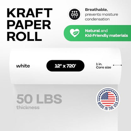 White Kraft Paper Roll 12" x 8640" (720 feet) for Packing, Moving, Shipping, Crafts - USA-Made Heavy Duty Craft Paper 50lb Thickness - 100% Recyclable Natural Kraft Wrapping Paper by IDL Packaging - color: White, size: 12"x720' (#50 Thick)