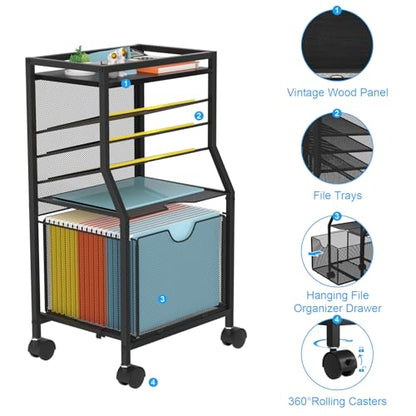 BOHDK Rolling File Cart, 6-Tier Desk File Organizer on Lockable Wheels, Black Wood Planks & Mesh Sliding Hanging Folder Drawer, Organization Cart for Office Home School - color: Black