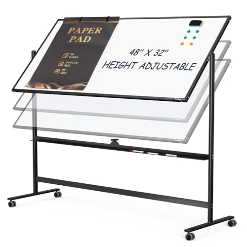 Dry Erase Whiteboard Easel on Wheels - TANKEE 48" x 32" Large Double Sided Mobile Whiteboard, Reversible Magnetic Rolling White Board for Home Office Classroom, Flip Chart Holders and Paper Pad - color: Black, size: 48"x32"